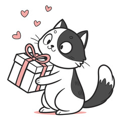 Adorable Cartoon Black and White Cat Holding a Gift Box With Pink Hearts Around