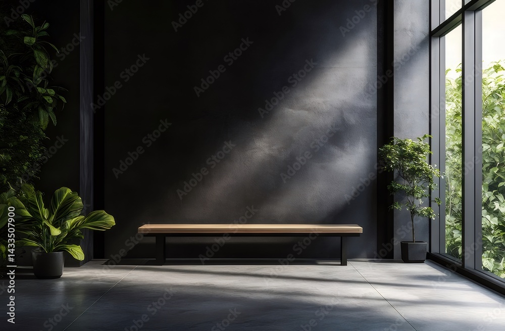 Poster 黒い壁と木製のベンチのあるモダンな室内空間 窓から差し込む光が植物を照らすデザイン