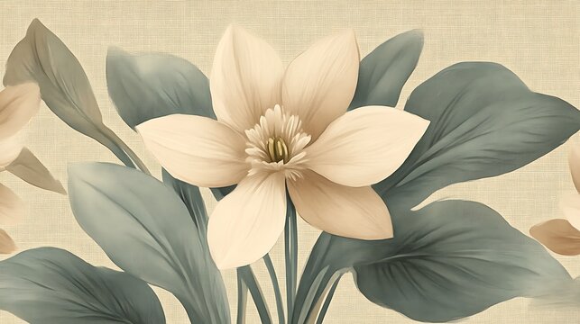 Beige Flowers with Green Leaves, and Textile Background.