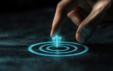 A finger points at a glowing blue arrow in the center of a target