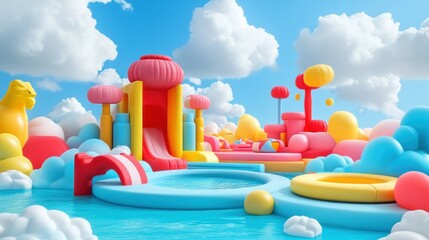 A colorful dreamlike playful water park with blue skies and clouds