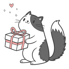 Cartoon Grey & White Cat Carrying Gift Box with Pink Ribbon, Heart and Sparkles Around