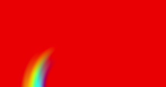 Rainbow regular fat on red screen background in perpective view. Soft color gradient animation on redbox forms slowly.