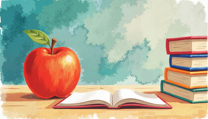 Colorful apple on teacher's desk with open book, educational symbolism