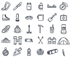 30 set of climbers. vector illustration background transparent mountain climbing tools camping line style icons: carrier, oxygen, compass, mat, headlamp, gear, shovel rope, tracking pool