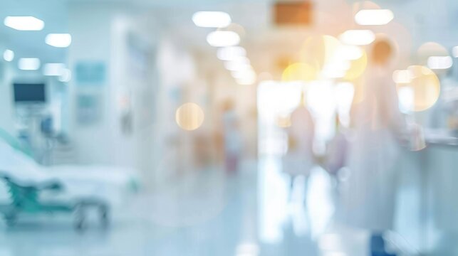Medical concept background with blurred silhouette of doctor walking in bright hospital corridor with bokeh light effect
