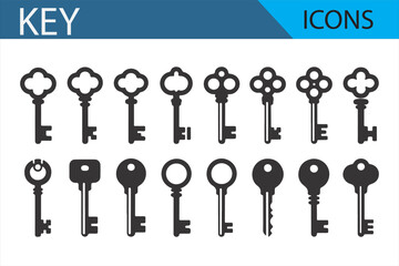 Key Icon Set Featuring Various Designs for Security, Lock, and Access Graphics