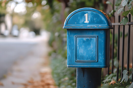 Vintage Blue Mailbox: Street side mailbox with the number one evoking nostalgia and small-town charm.