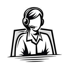 Monochrome Woman with Headset at Desk, Bold Line Art Style, Isolated