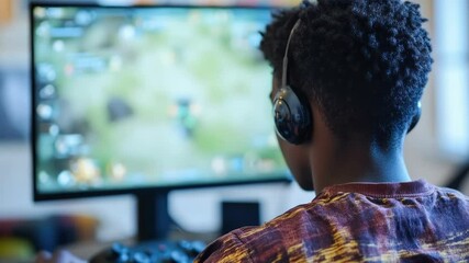 E Sports in Match, pro black gamer team with male, wearing headphones, playing e sports game on computer, global online streaming.