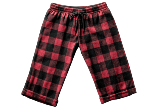 Red and black buffalo plaid pajama shorts comfy drawstring waist casual style on black background Soft on transparent background