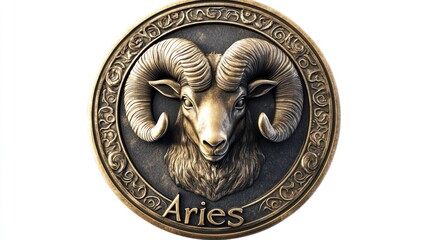 Bronze Aries zodiac sign medallion, isolated white background