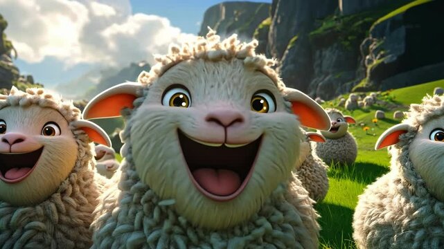 Joyful cartoon sheep grazing in lush mountain valley with bright flowers. Eid al-Adha Mubarak. Kurban Bayram