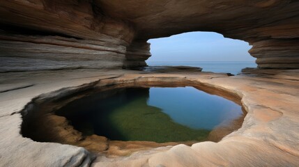 Coastal rock pool, calm water, archway