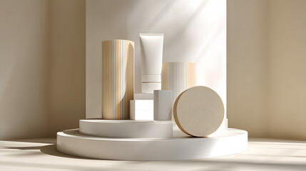 Minimalist Product Display: Clean lines, soft light, and natural tones create an elegant stage for skincare product showcase.