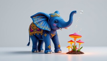 Fototapeta premium Blue Elephant Blowing Bubbles at Mushrooms