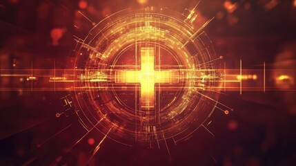 Obraz premium Glowing golden digital cross with futuristic teal grid pattern in dark space