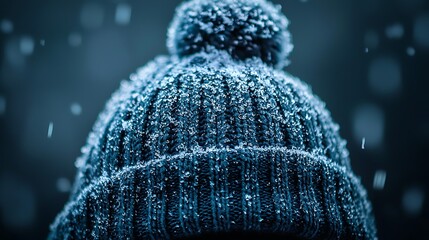 Frozen Winter Beanie: A Close-Up of a Knit Hat Covered in Ice Crystals During a Snowfall