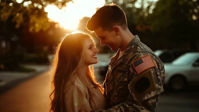 A military couple, both in uniform, shares a joyful moment as they embrace on a suburban street bathed in sunset light. The scene exudes love, homecoming, and the support of a stro