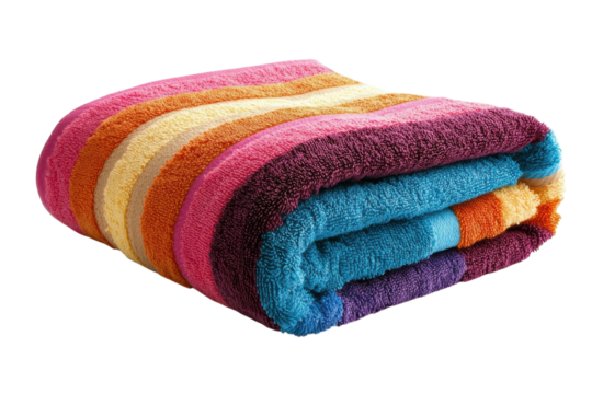 Soft colorful striped beach towel rolled and ready for summer fun Vibrant hues plush texture perfect for on transparent background