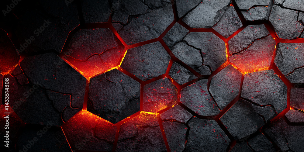 Poster dark grey stone texture with glowing red cracks, creating a fiery, intense visual effect symbolizing