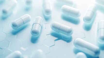  Close up of medical pills and capsules on hexagonal background with blue tone