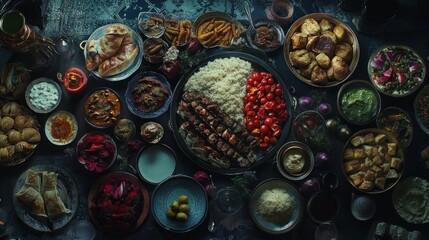 A lavish spread of various food dishes on a dark table