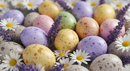 Obraz premium Colorful Speckled Eggs with Daisies and Lavender