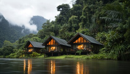 Fototapeta premium Tranquil jungle cabins by river