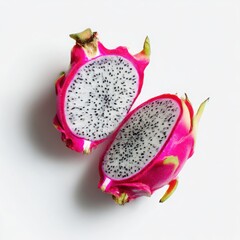 Halved dragon fruit close up shot on white background
