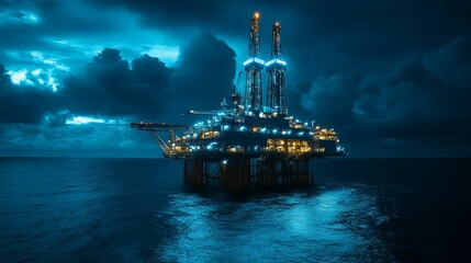 Obraz premium Illuminated offshore oil rig at night, under a dramatic sky.