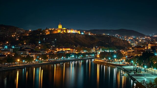 Nighttime Panoramic View of Tbilisi, Georgia, Featuring Narikala Fortress