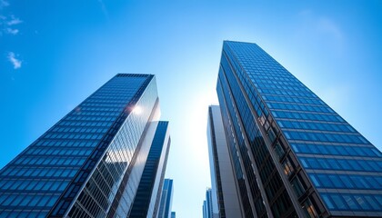 Obraz premium Dynamic angled view of soaring skyscrapers against a vibrant blue sky, modern, real estate