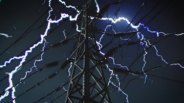 Lightning bolts streak through a stormy sky, connecting with a tall transmission tower and illustrating the intensity of an electrical storm.