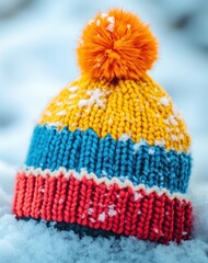 A colorful winter hat sits in fresh powdery white snow