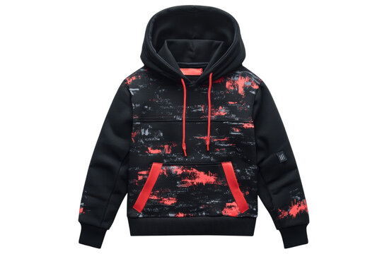 Stylish black hoodie with vibrant red and grey abstract print perfect for a modern urban look Hoodie on transparent background - Powered by Adobe