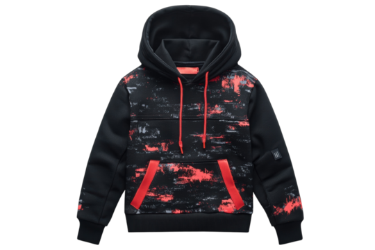 Stylish black hoodie with vibrant red and grey abstract print perfect for a modern urban look Hoodie on transparent background - Powered by Adobe