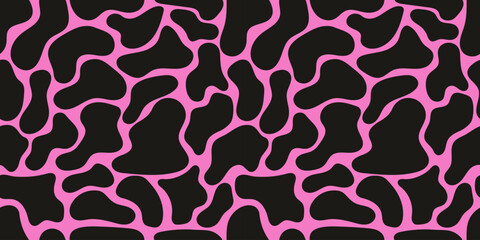 Bright seamless cow print pattern with black and pink contrast. Perfect for bold fashion, kids products, pop art, textile design, and playful modern backgrounds