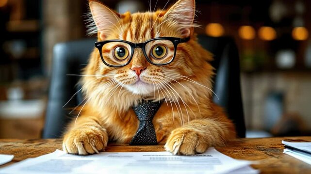 Orange cat wearing glasses and tie sitting at desk in office