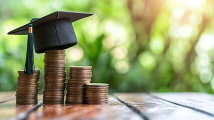 Graduation cap rests atop stacked coins symbolizing academic investment, success, future financial planning.