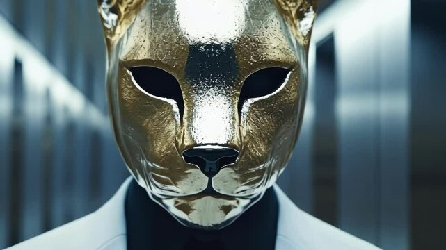 Mysterious figure in gold cat mask and white suit in dimly lit hallway