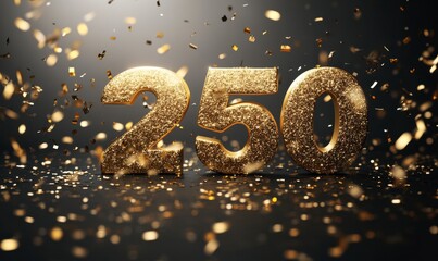 Glittering Gold Number 250 Surrounded by Sparkling Confetti