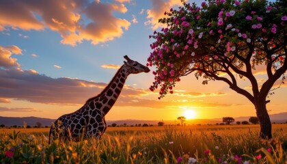 Fototapeta premium Giraffe Reaching for Blossoms at Sunset