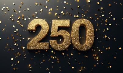 Golden Sparkling Number 250 with Glitter and Confetti Background