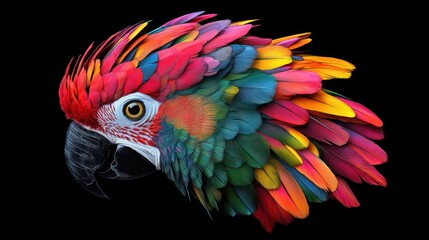 Fototapeta premium Macaw portrait displays vibrant feathers on black backdrop. Use for bird illustrations