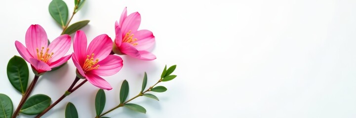 Fototapeta premium Elegant arrangement of pink eustoma blossoms and green eucalyptus on white, blossoms, pink