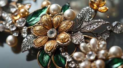 Fototapeta premium Elegant floral jewelry brooch, close-up detail, dark background, bridal accessory