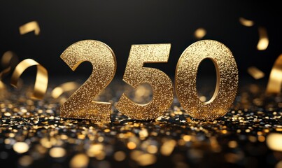 Golden 250 Celebration Number with Glitter and Festive Confetti