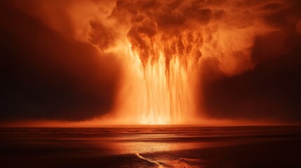 Dramatic orange colored storm clouds and their reflections over water