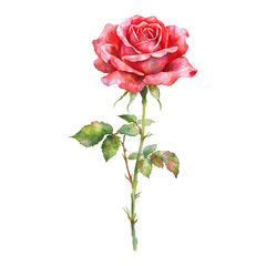 A Rose Isolated Single Stem with Green Leaves Isolated Hand Drawn Watercolor Painting Illustration